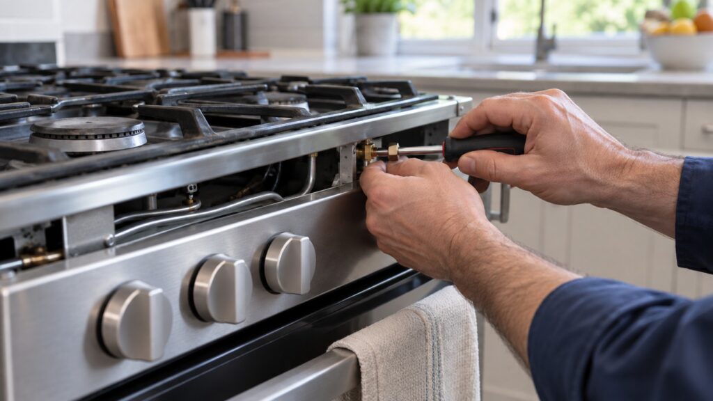 Close-up of the burners and control knobs of a freestanding kitchen range with a technician's hands checking the connection, framed tightly on the detail, with a kitchen towel draped over the handle.
