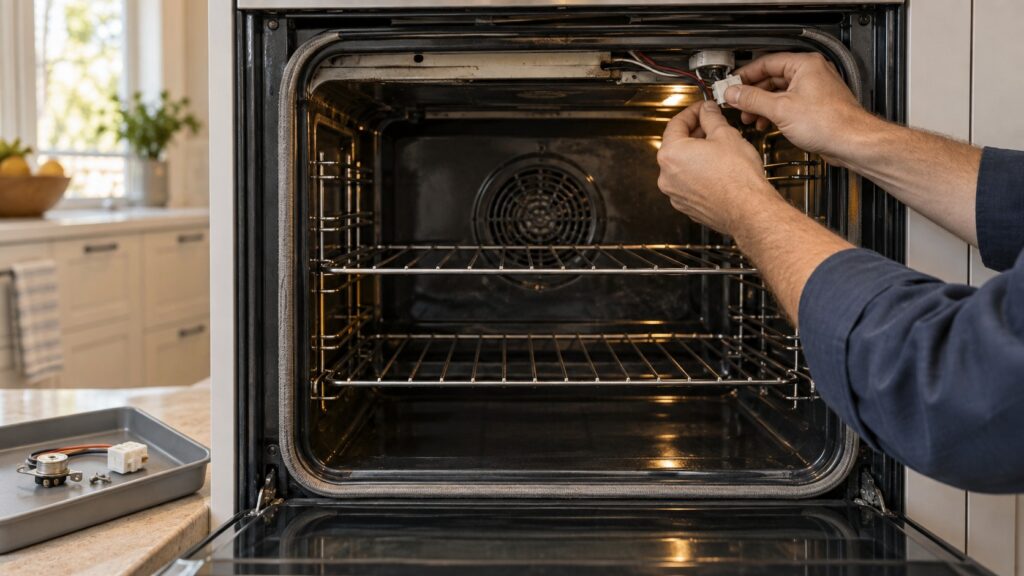 Close-up of the open cavity of a built-in oven with the racks and door seal with a technician's hands checking the connection, seen straight on from the front, with a small parts tray beside it.