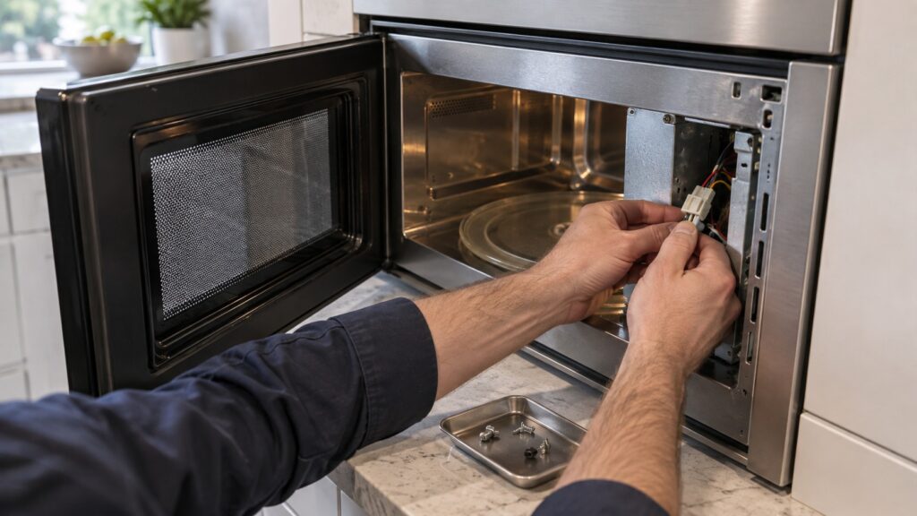 Close-up of the open door and interior of a built-in microwave with a technician's hands checking the connection, seen from slightly above, with a small parts tray beside it.