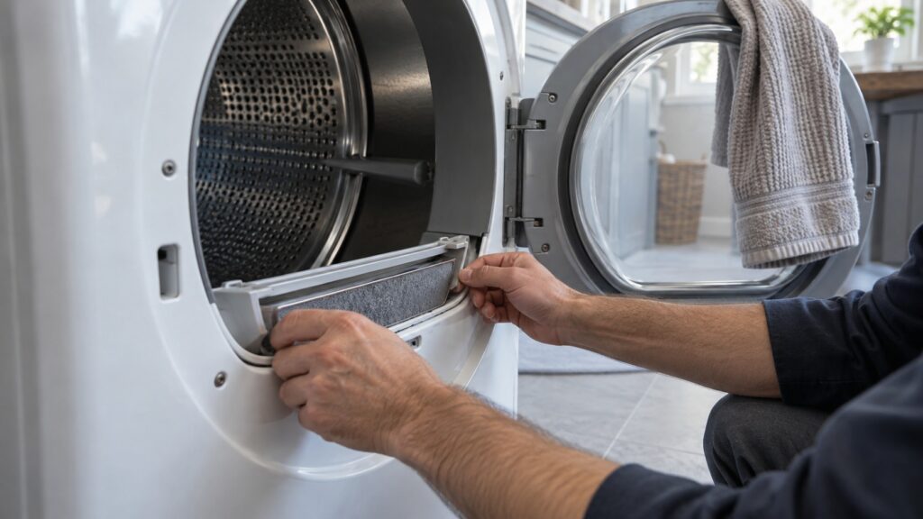 Close-up of the open door and lint filter slot of a clothes dryer with a technician's hands checking the connection, seen at a low three-quarter angle, with a kitchen towel draped over the handle.