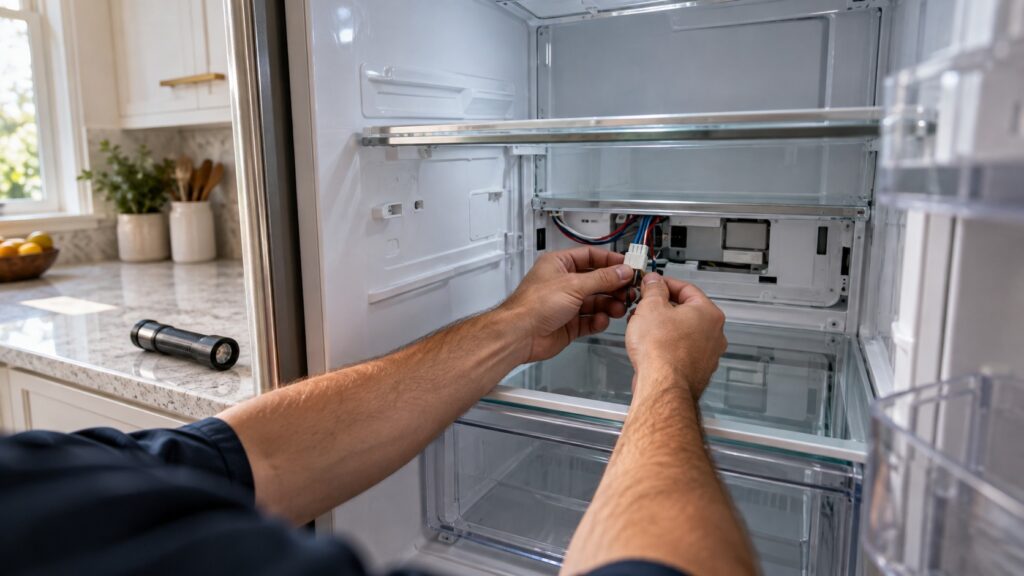 Close-up of the interior back wall and shelves of a built-in refrigerator with a technician's hands checking the connection, seen at a low three-quarter angle, with a flashlight lying on the counter.