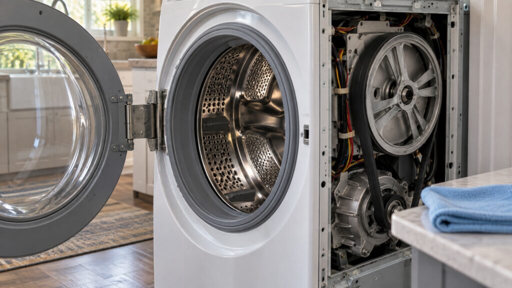 Close-up of the open door, drum and rubber gasket of a front-load washing machine with the drive components visible behind the open panel, framed tightly on the detail, with a folded microfibre cloth on the counter nearby.