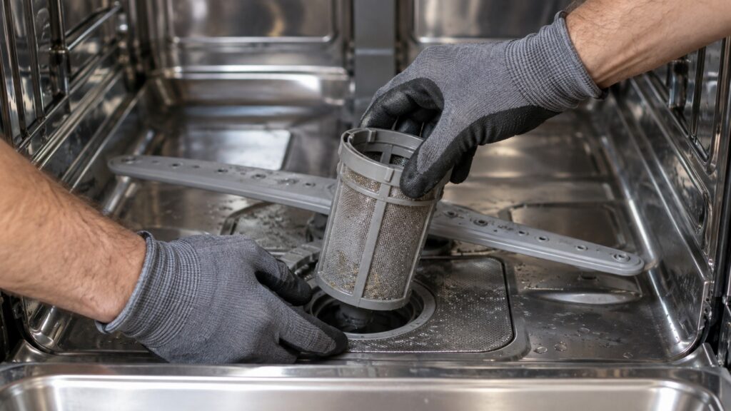 Close-up of the open lower basin of a stainless dishwasher with the filter and spray arm with a service technician's gloved hands lifting out the filter, seen straight on from the front, with nothing else in the frame.