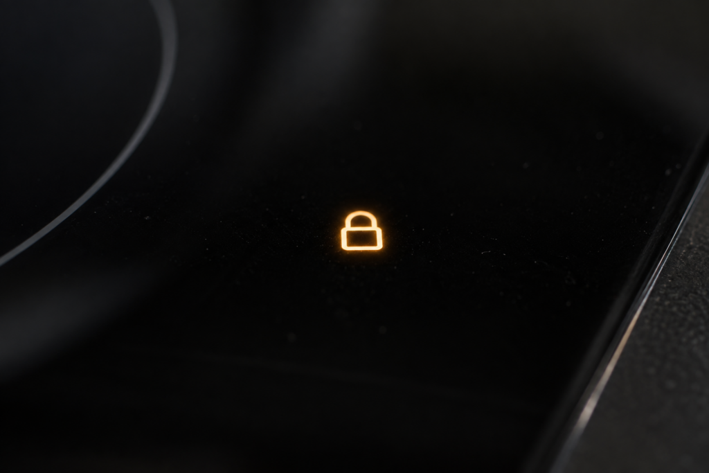 Macro of a small glowing padlock icon on the control strip of a black glass induction cooktop.