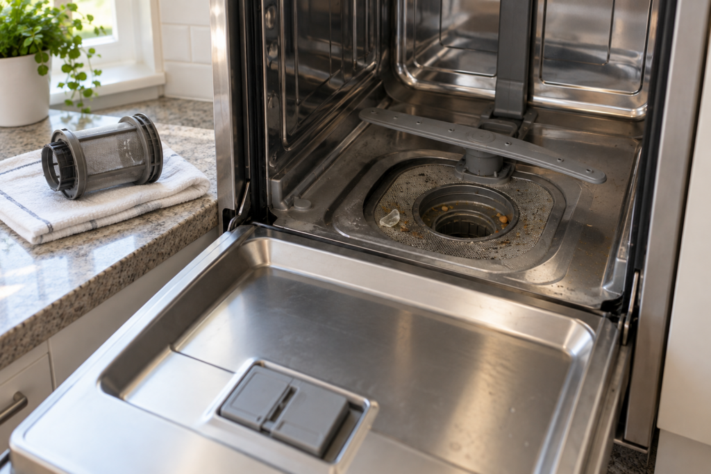An open dishwasher with the lower rack out and the cylindrical filter lying on a towel beside it, the sump well and its screen holding silt, glass and seeds.