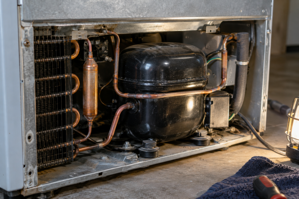 The compressor compartment behind a refrigerator with its rear cover removed, showing the compressor and coiled tubing.