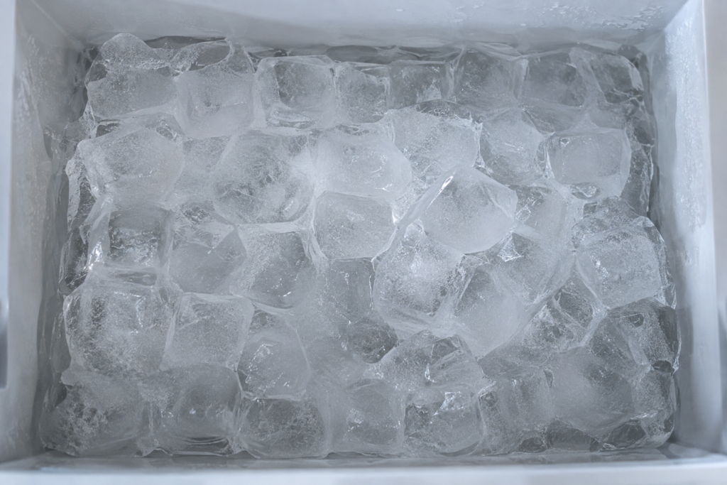 Looking down into an ice maker's storage bin completely frozen into one solid block of ice.