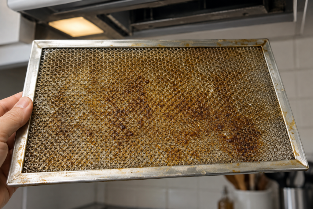 A metal mesh grease filter pulled from underneath an over-the-range microwave, coated in grease buildup.