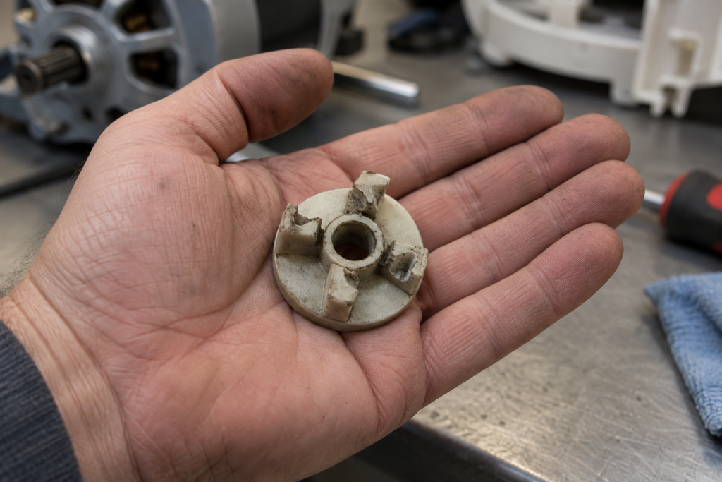 A small broken plastic motor coupler held in an open hand, its drive tabs worn through.