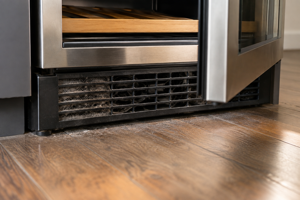 The lower ventilation grille of a built-in wine cooler in close view, dust matted in the mesh with the edge of the condenser fan behind it.