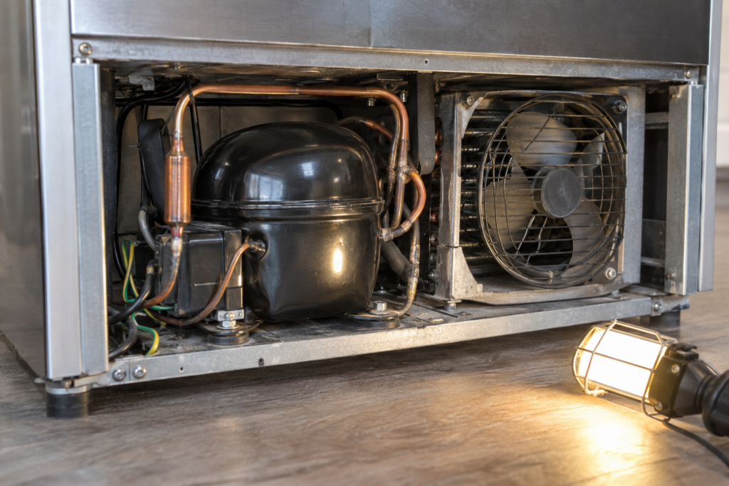 The compressor compartment at the base of an undercounter wine cooler with its rear panel removed.