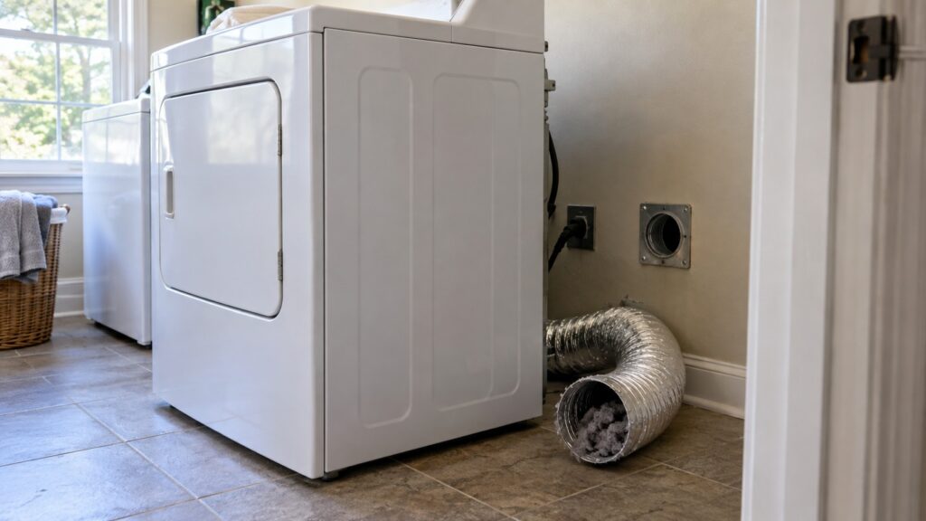 A white clothes dryer stands pulled forward from a laundry room wall with its flexible vent duct disconnected and lying on the floor behind it, lint visible inside the duct opening.