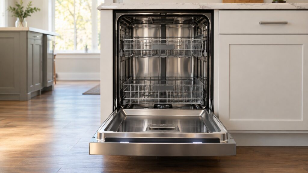 A stainless steel built-in dishwasher stands open and completely empty in a kitchen, its inner door control strip lit along the top edge and the racks pushed in.