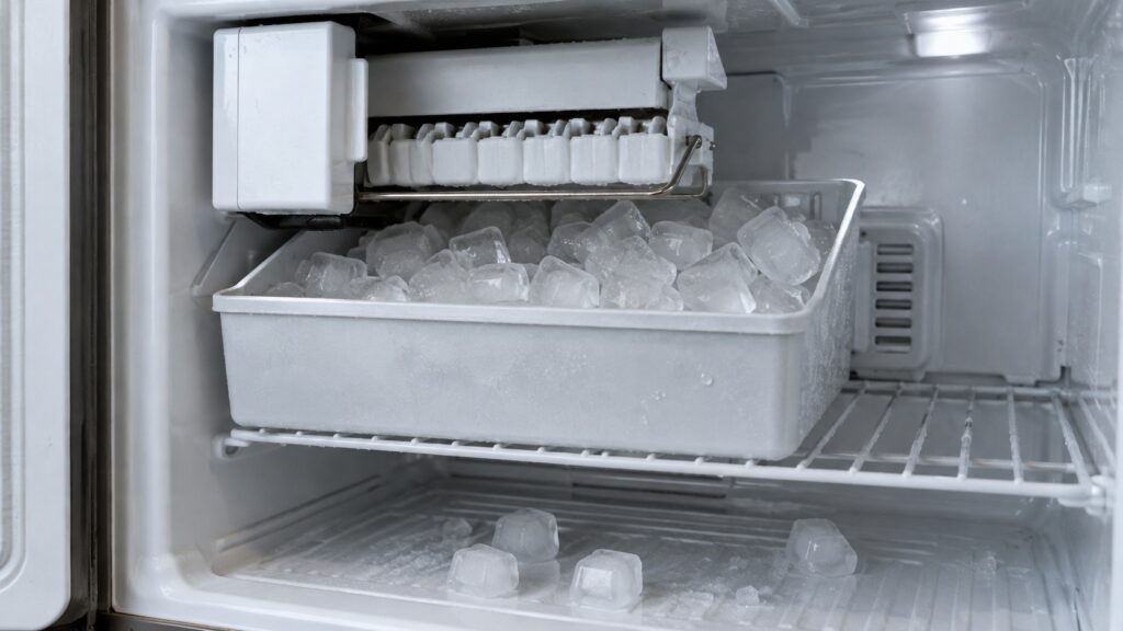 The interior of a refrigerator freezer compartment shows the ice maker module and its filled ice bin on the upper shelf, with a few cubes scattered on the shelf below.