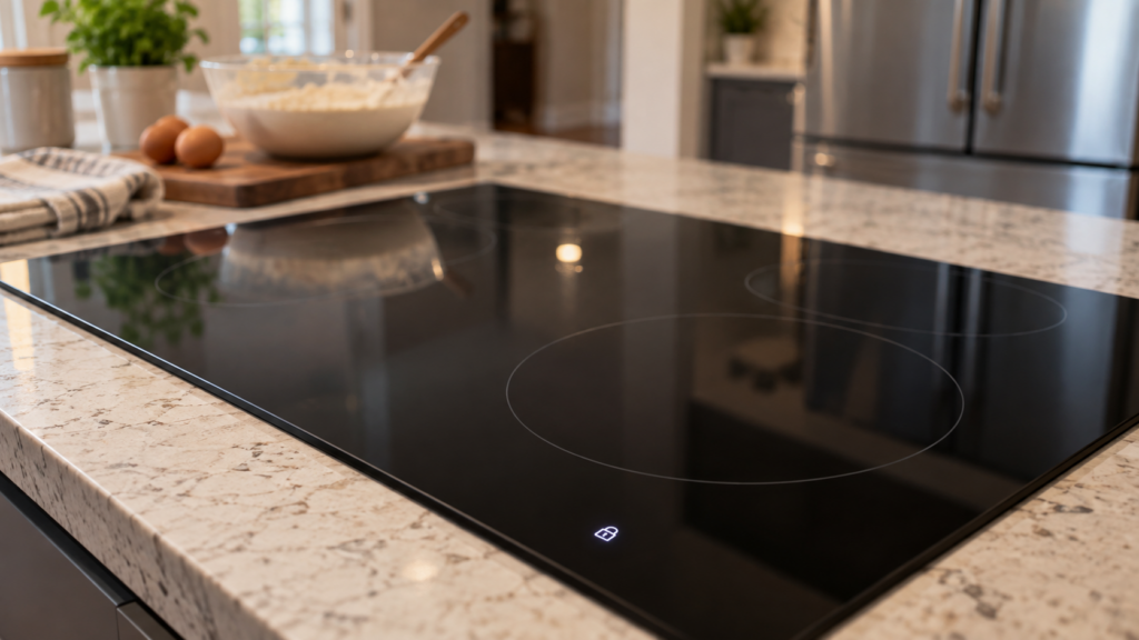 A black glass induction cooktop set into an American kitchen island, dark except for a small glowing lock icon.