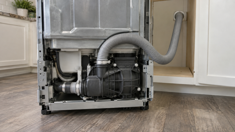 The underside of a dishwasher pulled out onto the kitchen floor, with the corrugated drain hose looping up to the cabinet wall beside the black drain pump.