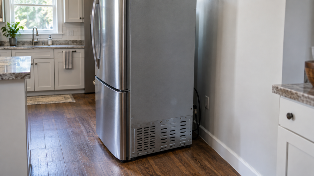 A tall refrigerator pulled away from the wall, its rear service panel still in place over the gap behind it.