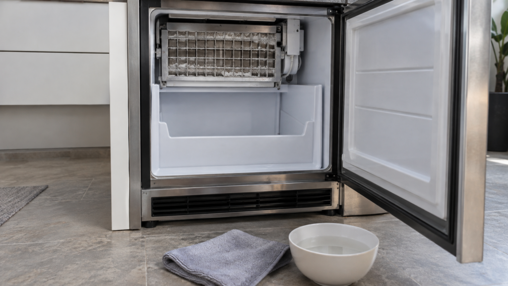 The inside of an undercounter ice maker with an empty bin and a metal evaporator grid clouded by white mineral scale, a cloth and a bowl of cleaning solution on the floor.