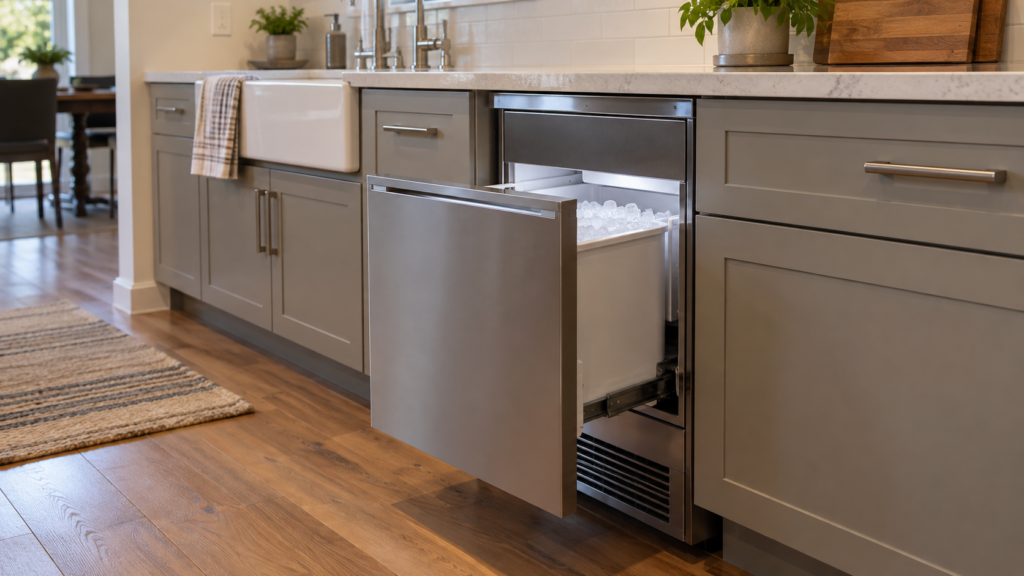 A built-in ice maker unit under an American kitchen counter with its bin drawer partly open.