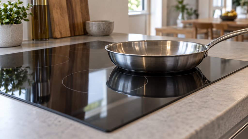 A black glass induction cooktop seen low across the surface, a stainless pan resting off-centre on one cooking zone with the ring outlines catching the light.