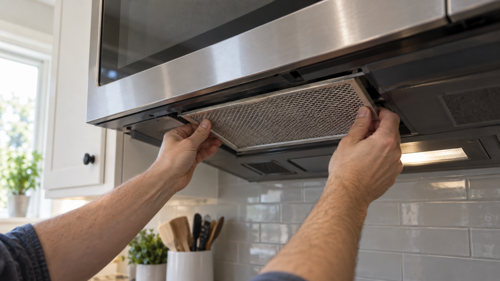 Hands reaching underneath an over-the-range microwave to slide out the metal grease filter.
