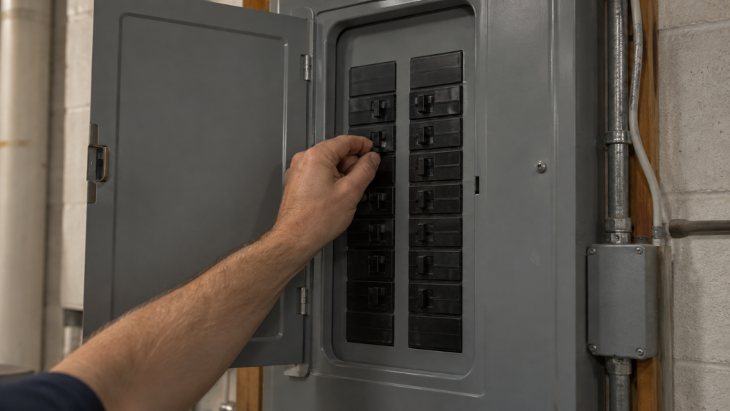 An open home electrical panel with one breaker sitting between on and off while a forearm reaches up to reset it.