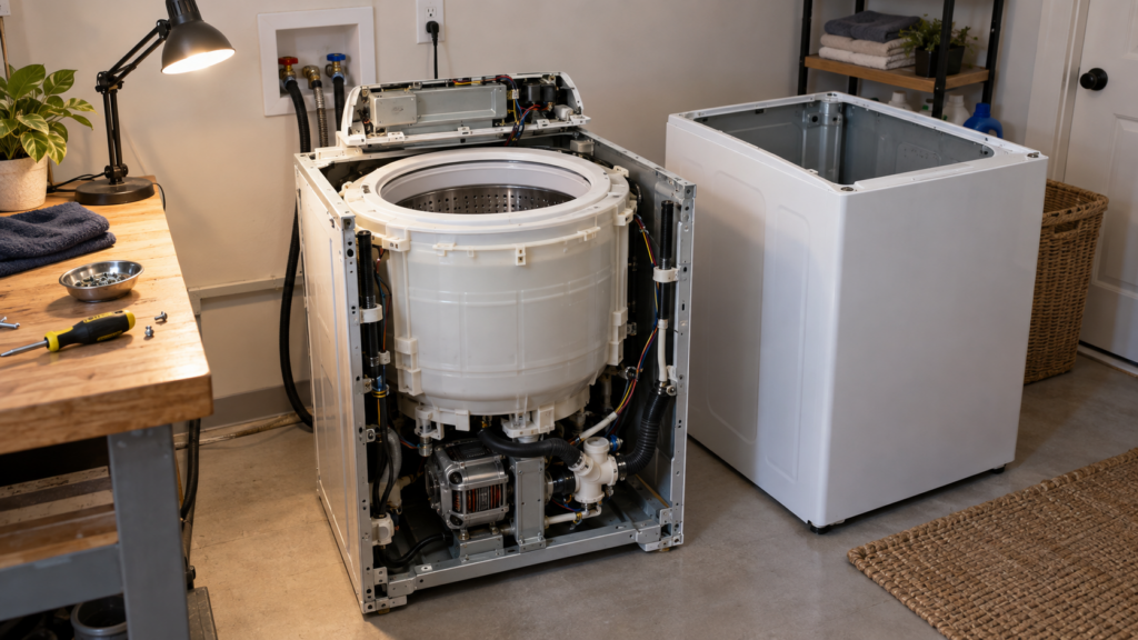 A top-load washer with its outer cabinet shell lifted off, exposing the motor and tub assembly underneath.