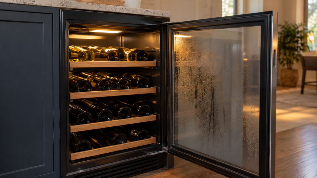 The open door of an undercounter wine cooler lit from inside, wooden shelf runners holding plain unmarked dark bottles behind a glass door beaded with condensation.
