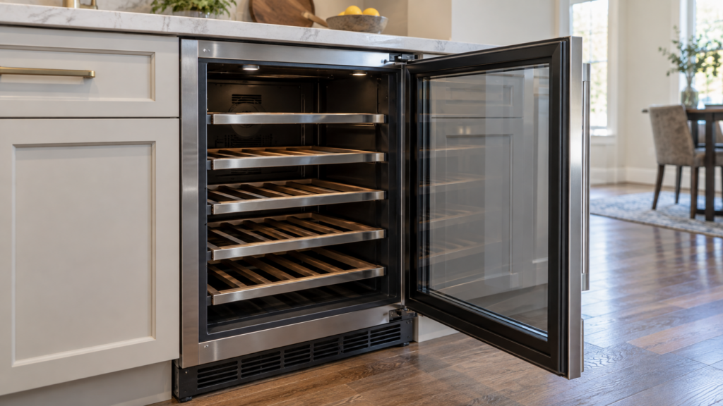 A built-in undercounter wine cooler with its glass door open and the interior shelving empty.