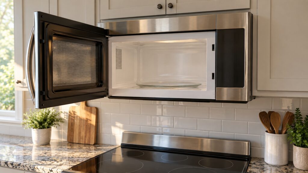 A stainless steel over-the-range microwave is mounted above a black glass cooktop, its door open showing the empty cavity and turntable.
