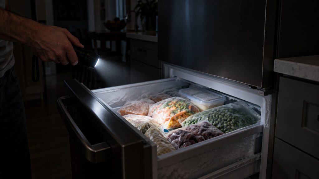 An open freezer drawer holds frozen packages lit only by a handheld flashlight beam during a power outage, with the rest of the kitchen dark.