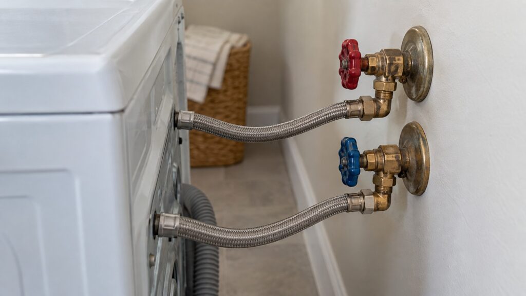 Close-up of two braided stainless steel water supply hoses connected to brass shutoff valves on the wall behind a washing machine in a laundry room.