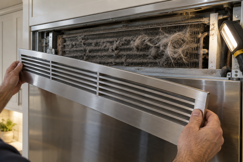 The removable top grille of a built-in column refrigerator lifted off, with dust and pet hair matted across the condenser coil.