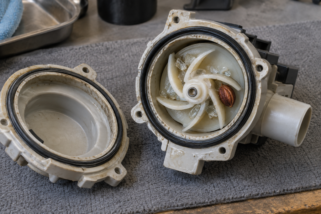 An opened dishwasher drain pump with glass shards and a cherry pit lodged between the impeller vanes.
