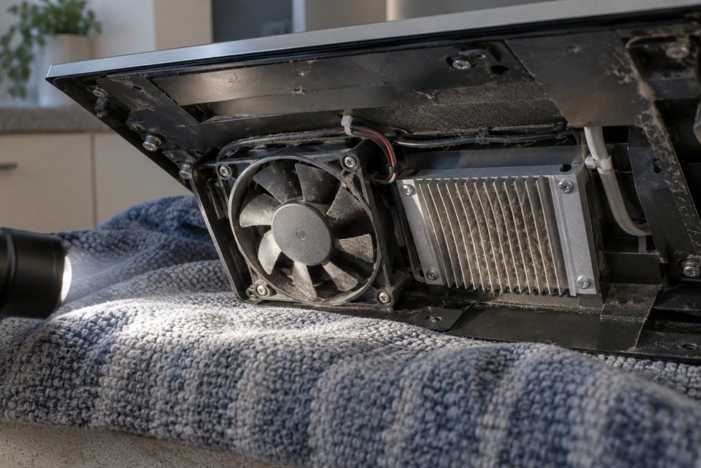 The underside of an induction cooktop showing a small cooling fan and a finned heat sink with a film of dust.