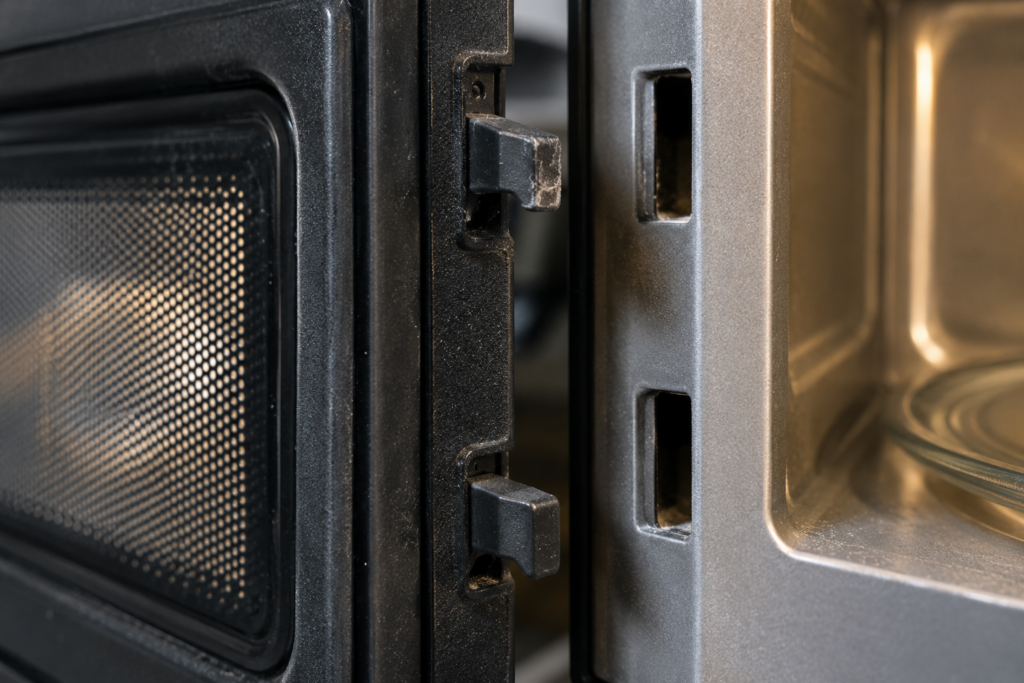 The plastic latch hooks on a microwave door edge beside the receiver slot in the frame, one hook worn and shifted.