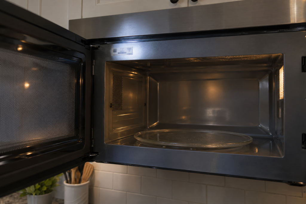 A flashlight beam on a silver label inside the frame of an open over-the-range microwave, its characters blurred.