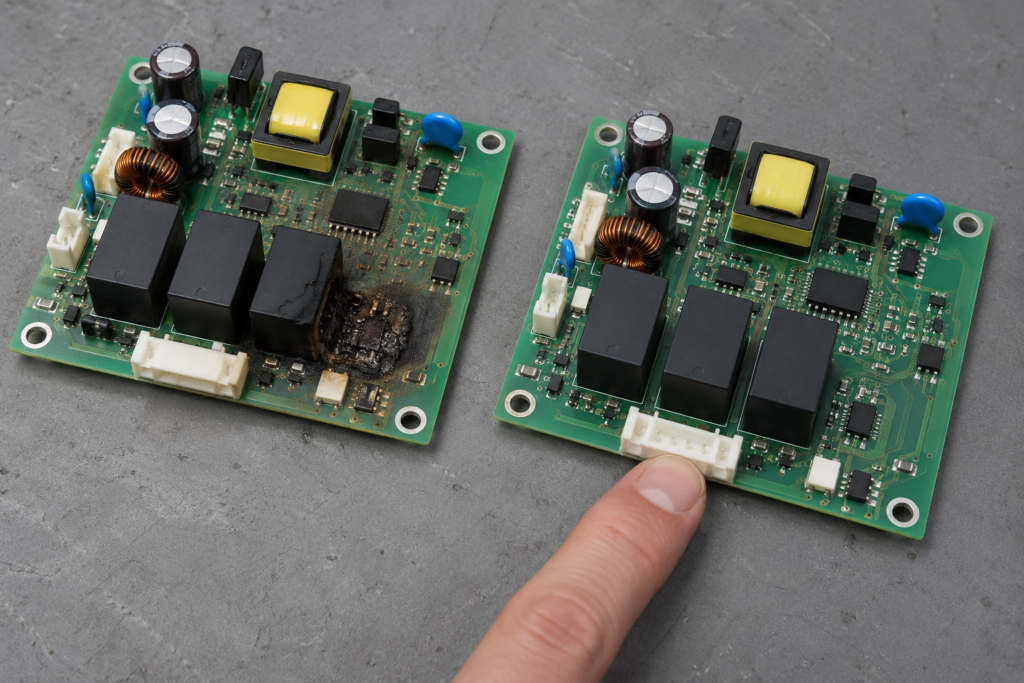 Two oven control boards on a workbench, one with a burnt patch near a relay and one clean.