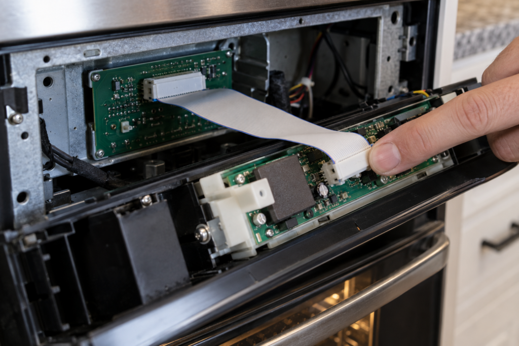 A fingertip pressing a ribbon cable connector between two circuit boards behind a wall oven control panel.