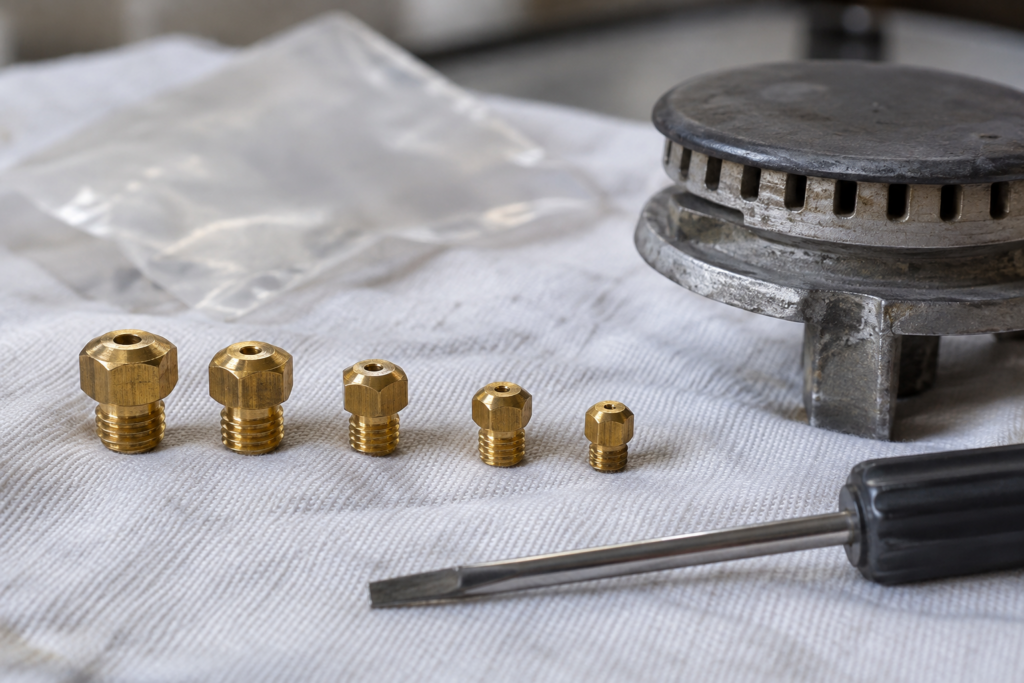 Several small brass burner orifices in a row beside a burner head and a flat screwdriver.