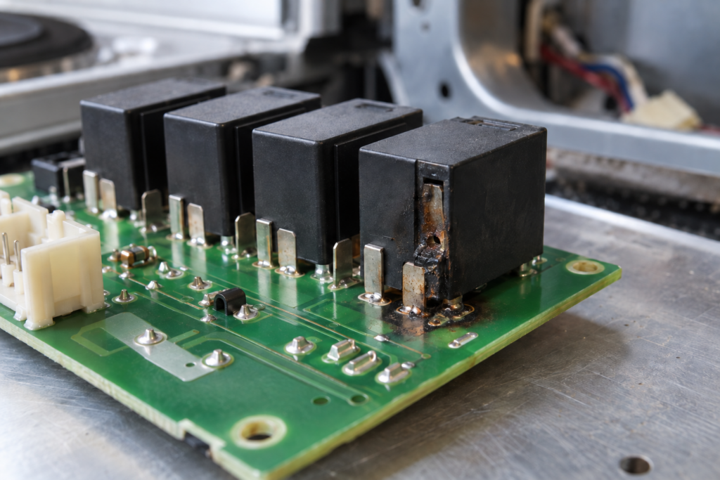 A small relay board lifted out of a range, one relay's contact edge dark and pitted with a faint scorch mark beside it.