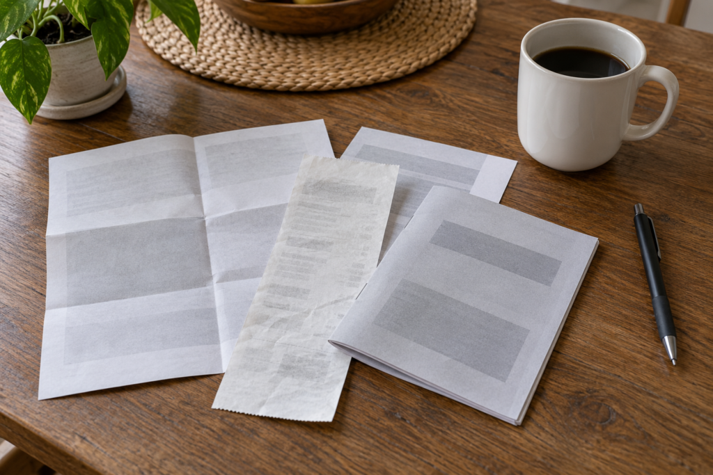 A fan of folded papers, a receipt and a small booklet on a wooden table beside a pen and a mug.
