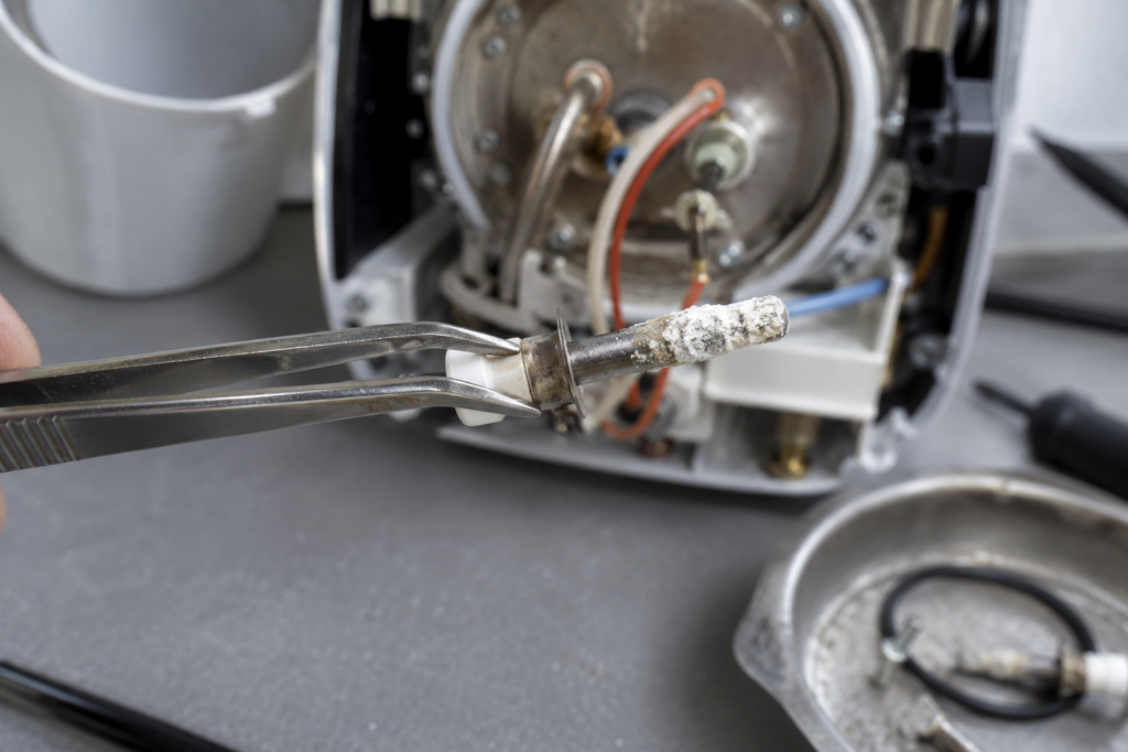 Tweezers holding a metal sensor probe with a white chalky crust of scale along its tip.