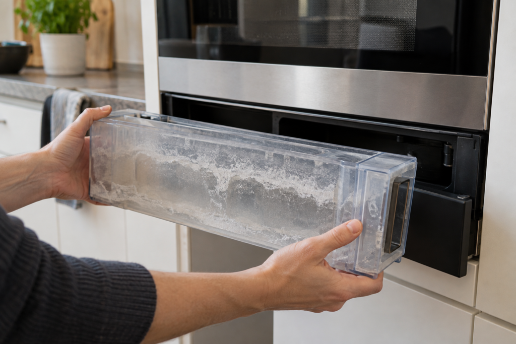 A removable steam oven water tank held in two hands with a chalky crust of mineral scale along its inner walls.