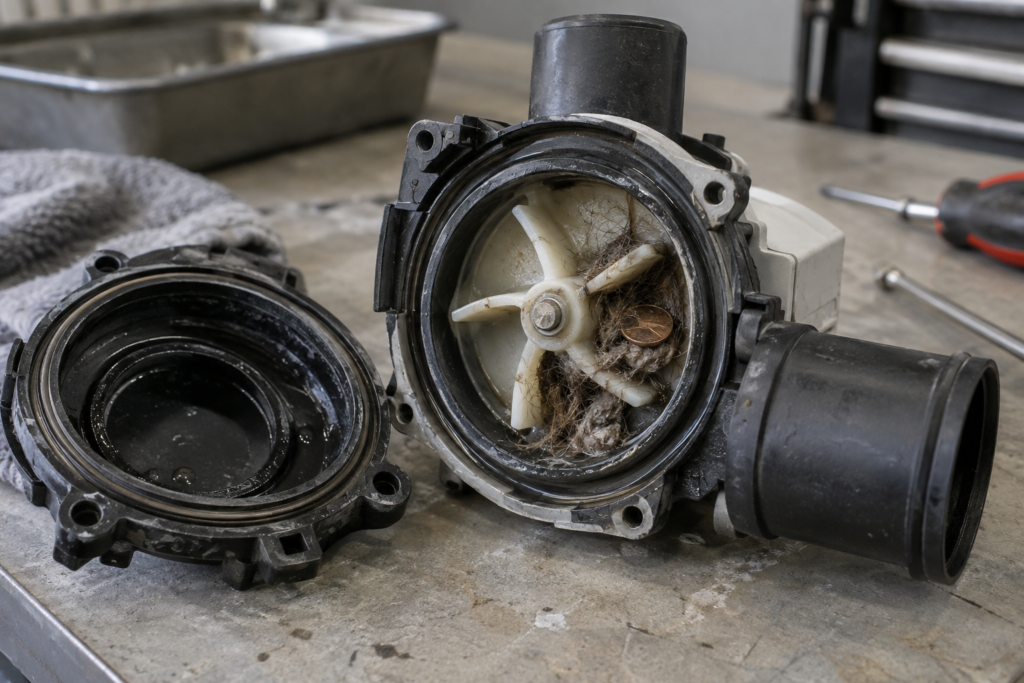 A washing machine drain pump on a workbench with its housing opened and a coin and hair wedged between the impeller vanes.