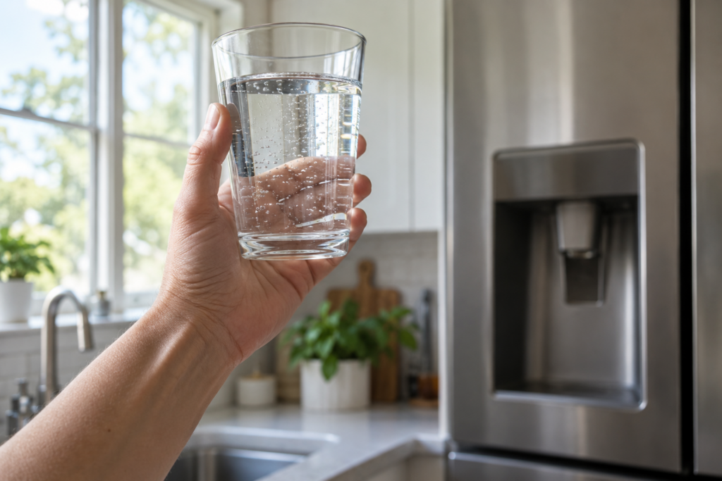 A hand holding a glass of freshly poured water up to the light to check for bubbles and cloudiness after a flush.