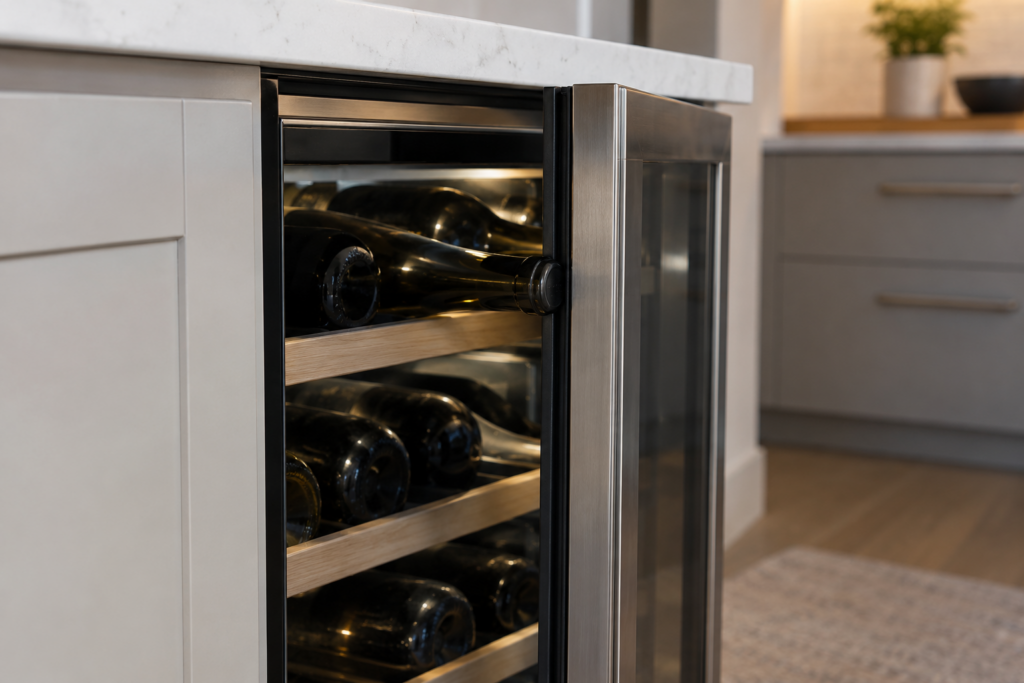 A wine cooler door held open a finger width by one bottle neck sticking out of the front row.