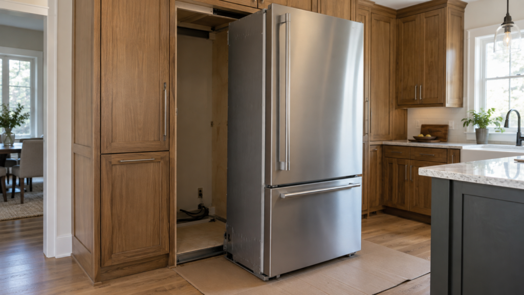 A tall built-in column refrigerator slid halfway out of its wood-panelled cabinet bay on a sheet of cardboard.