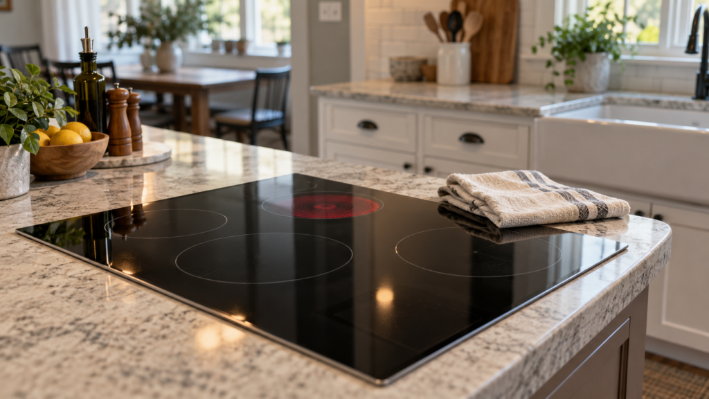 A black glass cooktop with one rear burner faintly glowing red and a folded dish towel lying on the glass beside it.