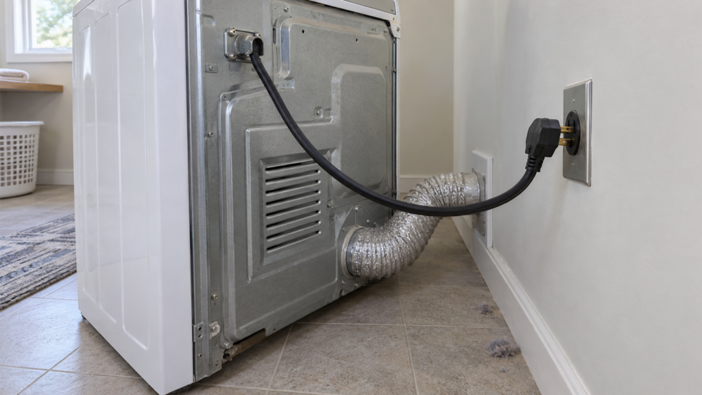 The back of a dryer with its thick power cord plug sitting slightly out of the wall receptacle.